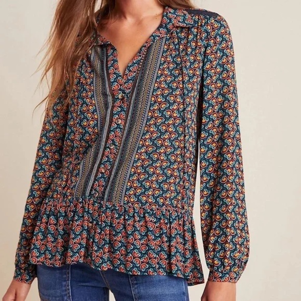 Anthropologie - Maeve Janie Flounced Colorful Print Blue Motif Blouse Size 6